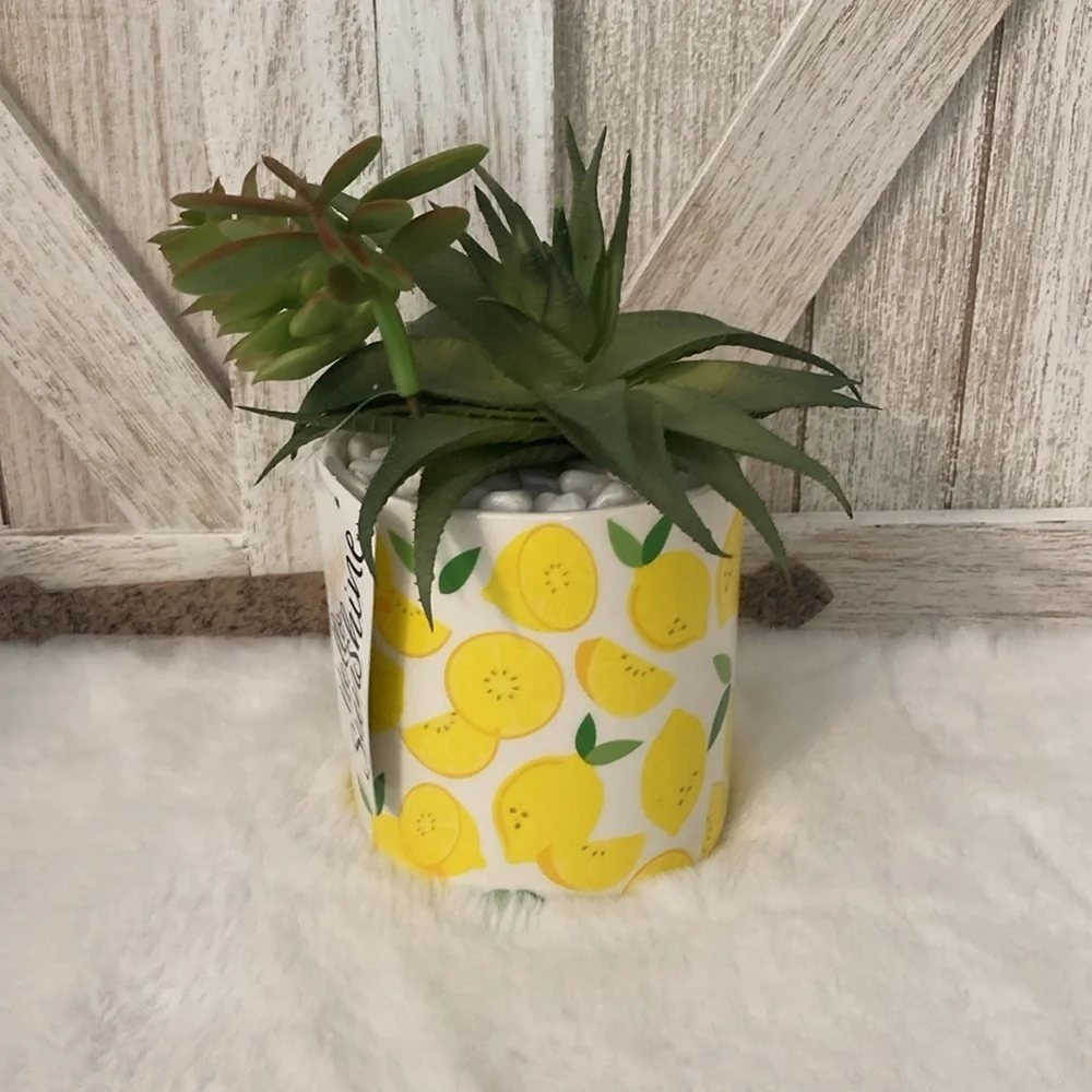 Ceramic Lemon Planter with Faux Succulents